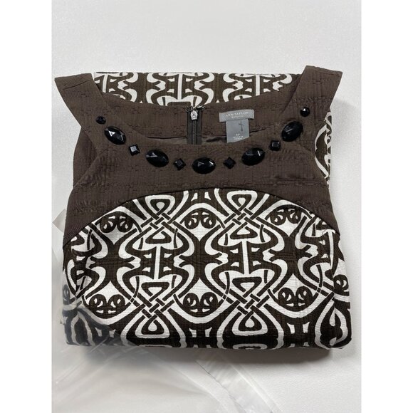 Brown & White Geometric Pattern Sleeveless Dress size 6P With Black Jewel Trim - Picture 10 of 13